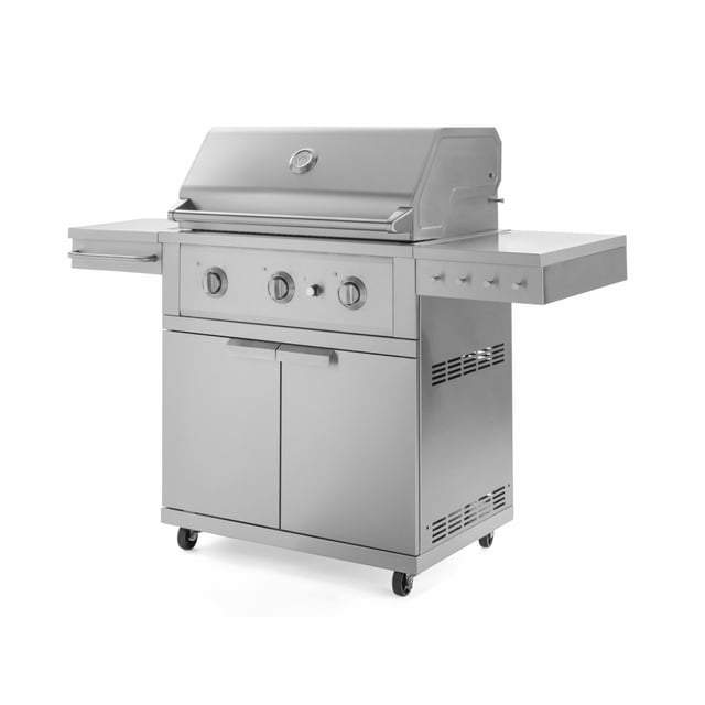 NewAge Products Outdoor Kitchen Grill Cart with Performance Grill - Natural Gas. A 33-inch stainless steel grill cart featuring a natural gas-powered Performance Grill with up to 634 square inches of cooking space. Includes a dual-layered hood, full-length handle, and stainless steel flame tamers for even heat distribution. Features a powerful infrared sear burner, elevated warming rack, utensils peg holder, and interior storage shelf. Equipped with four heavy-duty wheels, two of which are lockable, for mobility. Designed with a large opening for natural gas hookup and a secure propane tank holder.