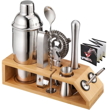 Ensemble de Bar 10 Pcs pour Cocktails, Trousse pour Préparer des Boissons, Shaker, Mélangeur en Acier Inoxydable, Cadeau avec Support en Bambou