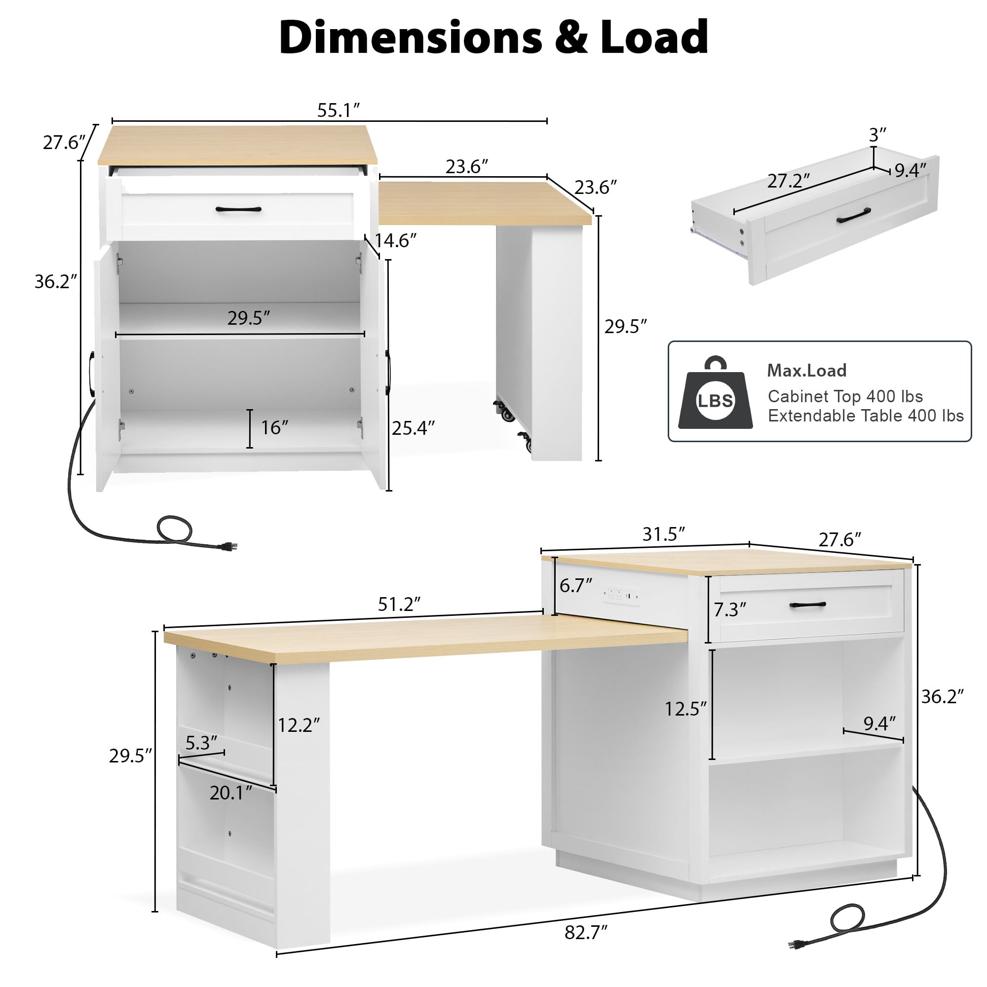 Homy Casa Kitchen Island with Expandable Table, Storage, Power Outlets, White, 82.7"