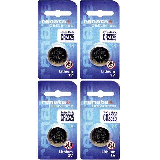 4 x Renata CR2325 Batteries, Lithium Battery 2325. A pack of four individually packaged 3V Lithium coin Batteries, suitable for watches, key fobs, calculators, toys, car Starter, keyless remotes, health monitors, and glucose monitors. Équivalent à BR2325, DL2325, E-CR2325, ECR2325, KCR2325, KECR2325, KL2325, L2325, SBT12, SB-T12.