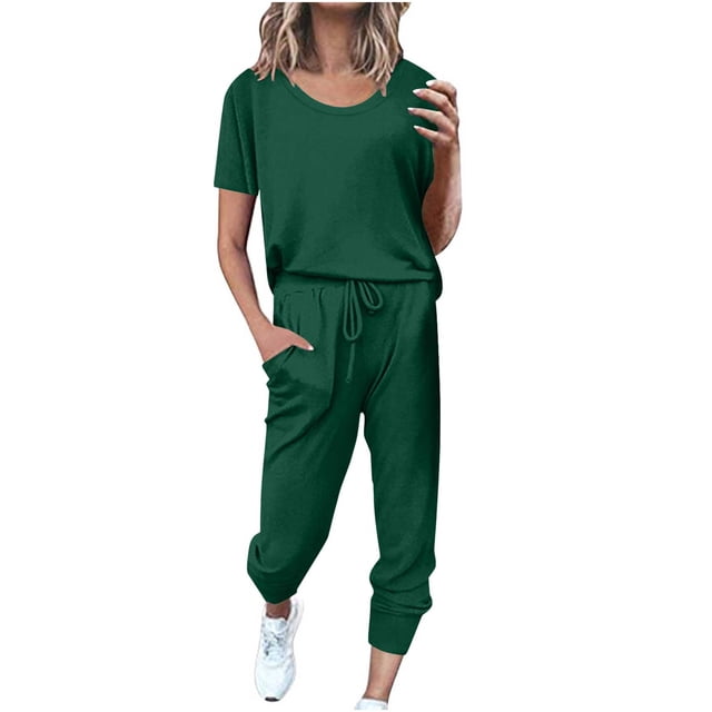 Yuyuzo Womens Workout Sets 2 Piece Short Sleeve Crew Neck T-Shirts Drawstring Jogger Pants with Pockets
