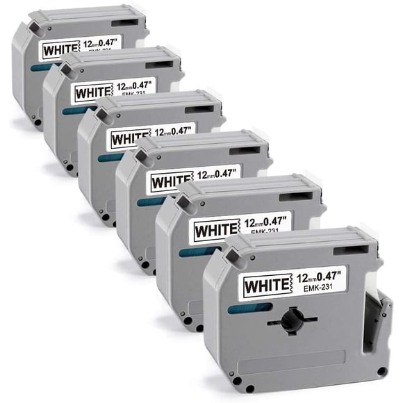 6-Pack M-K231s MK231 M-231 M231 M Tape 12mm 1/2 Inch Label Tape Replace Brother P-Touch PT-65 PT-M95 PT-90 PT70 PT85