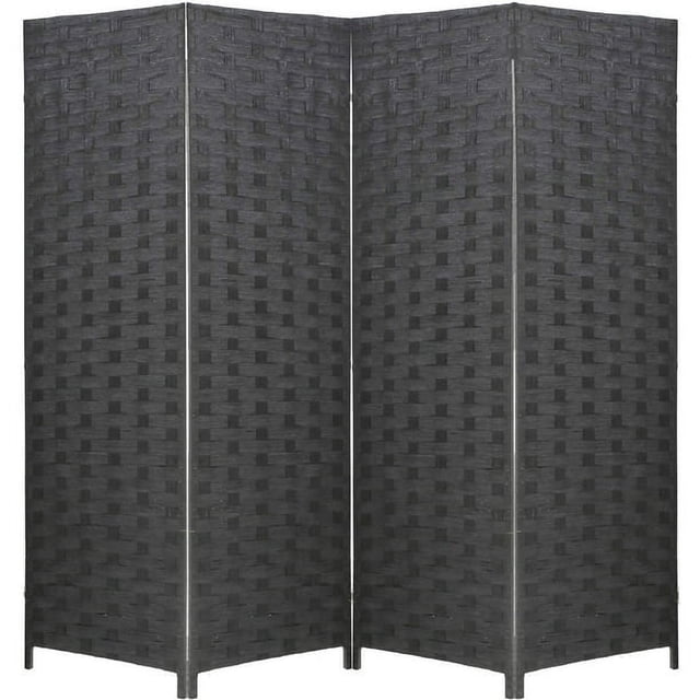 FDW 4-Panel Wood Room Divider with a black wooden frame and woven mesh panels. The freestanding folding privacy screen features a modern black finish and a 4-panel design for flexible room separation. Suitable for home, office, or bedroom decor, it requires no assembly and is ready to use out of the box.