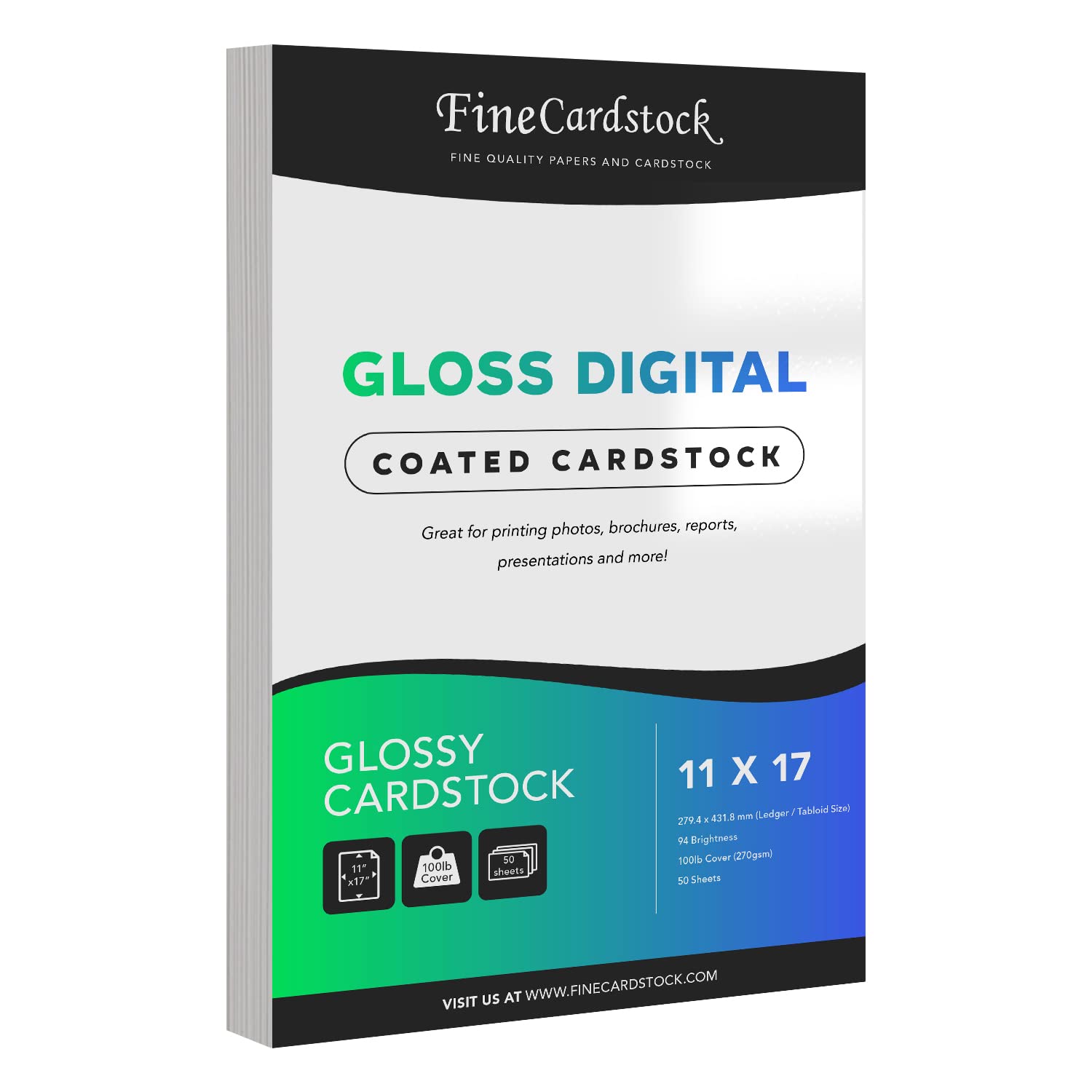 Double-Sided Gloss Digital C2S Cardstock Paper  Perfect for Color Laser Printing, Design Proposals, Flyers, Brochures | 11 x 17 | Glossy 100lb Cover (270gsm) | Acid Fr