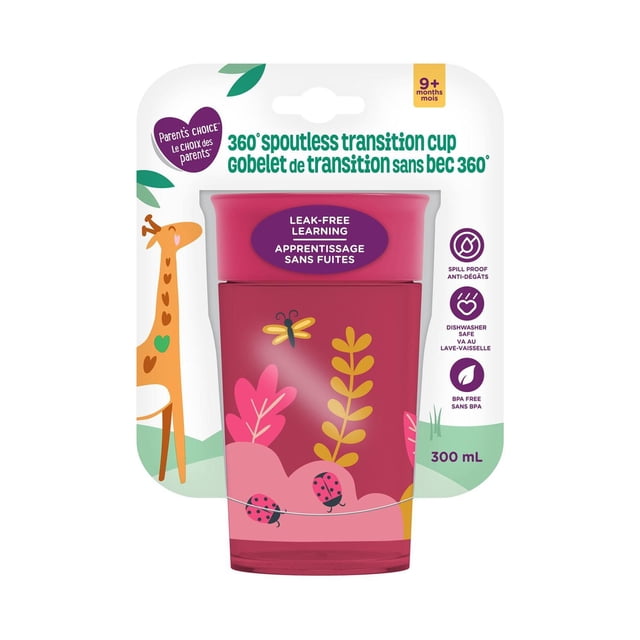 Parent’s Choice 360° Spoutless Transition Cup, 9 months+, 300 mL, pink translucent with yellow and pink plant and insect designs including ladybugs and a butterfly. Leak-free, spill-proof, dishwasher and sterilizer safe, BPA-free, with a travel lid. Packaging includes bilingual text and a giraffe illustration on a white background with green leaf accents.