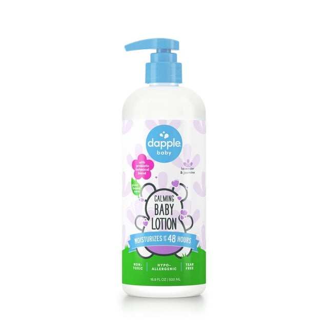 Dapple® Calming Baby Lotion, Lavender & Jasmine, 16.9 fl.oz pump bottle with blue dispenser, white container with purple and green label showing prebiotic botanical blend and plant-based care, moisturizing baby skin up to 48 hours, non-toxic, hypoallergenic, tear-free formula ideal for gentle baby skin care.