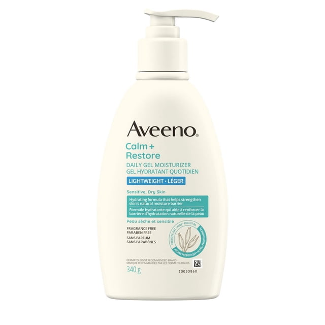 Aveeno Calm + Restore Daily Gel Moisturizer, Prebiotic Oat, Aloe, Pro-Vitamin B5, Sensitive, Dry Skin Relief, Fragrance Free, 340 g