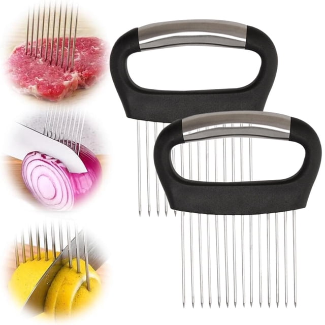 1PC Potato Fry Cutter Onion Holder For Slicing Stainless Steel Onion Cutter Lemon Slicer Vegetable Cutter Kitchen Chopper Slicing Assistant Tool For Onion Potato And Tomato Lemon (2 PCS)