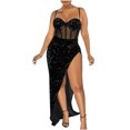 thumbnail image 1 of Bigersell Robes Décontractées pour Femmes, Robe à Bretelles en Maille Unie avec Perles, Fente Irrégulière, Robe à Bretelles à Col en V, Robe Bohème Régulière Style 21271, Robes Régulières pour Femme Noir TTG, 1 of 5