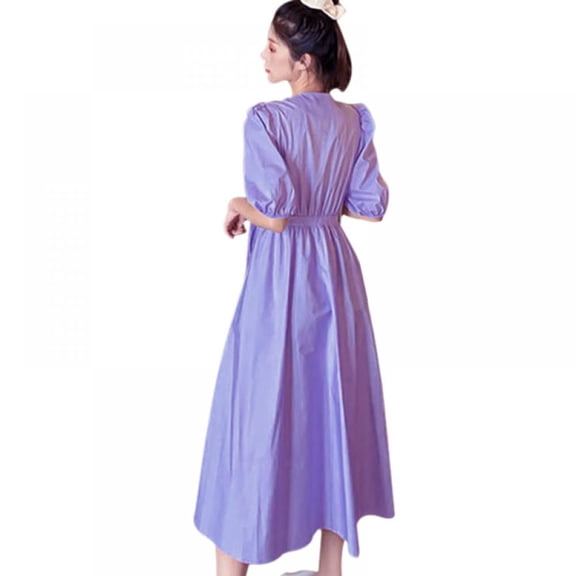 Purple A-line Dresses For Women Fashion Sweet V-neck Puff Sleeve Dress Female Wrap High Waist Split Dress