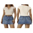 thumbnail image 2 of Women V Neck Crop Tops Summer Slim Fit Short T Shirt Short Sleeve Patchwork Ribbed Stretchy Navel Shirt, 2 of 5