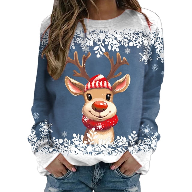 Chandails pour Femmes Veste de Noël pour Femmes Adolescentes Filles Manches Longues Chandails Amples Femmes Chandail à Col Rond Mignon Renne Ensemble de Tenue Confortable Femmes Chandails Graphiques de Noël