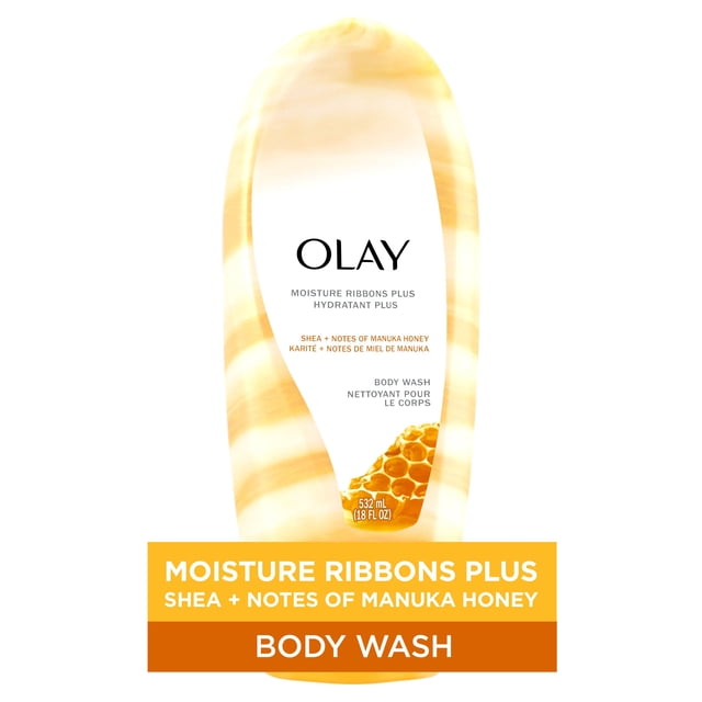 Olay Moisture Ribbons Plus Shea + Notes of Manuka Honey Body Wash in a 532 ml (18 fl oz) translucent bottle with golden yellow and white swirled moisturizing formula and honeycomb graphic, designed to nourish and soften skin during showering.
