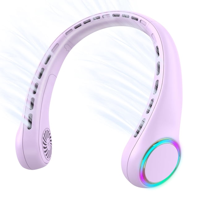Innovative Bladeless Neck Fan - USB Rechargeable, Ultra-Quiet Hanging Sports Cooler with Colorful LED Lights, Portable Hands-Free Design for Indoor/Outdoor Use - F8 Purple Model