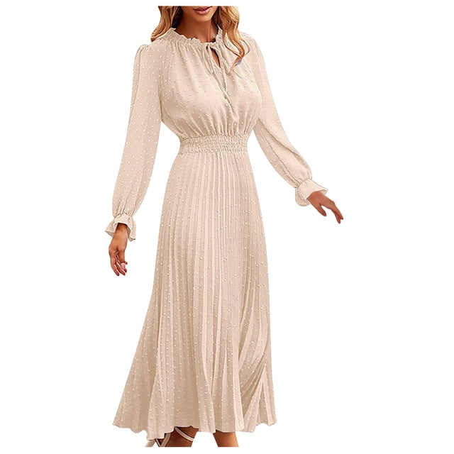 cfhntfmh Robes d'Invitée de Mariage pour Femmes Tendance à Découpes à Volants Col Ras du Cou Robe Maxi Smockée Ample Plissée Robe de Soirée en Couleur beige Douce. la Robe Présente des Manches Longues avec Poignets Élastiques, une Taille Smockée pour une Coupe Flatteuse, et une Jupe Plissée Fluide. le Tissu Léger a une texture Subtile à Pois, la Rendant Idéale pour les occasions de Printemps et d'Été comme les Mariages, les Fêtes Ou les Sorties Décontractées. Dotée d'Un Détail à Nouer à l'Encolure, Cette Robe s'Agence Bien avec des Talons Ou des Sandales