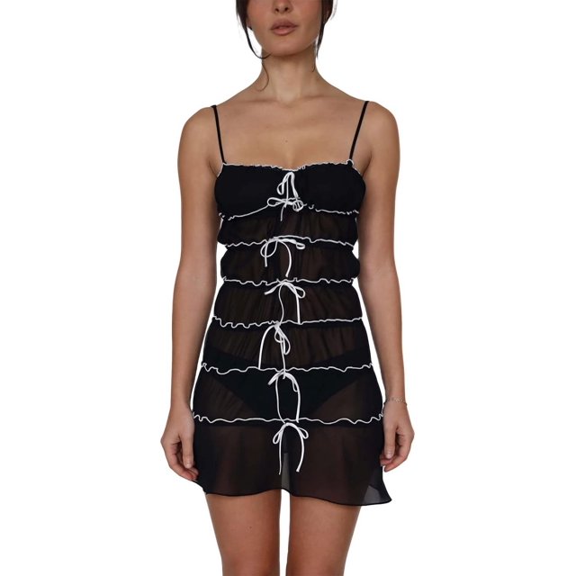 ORUYROP Robe à Bretelles Y2k d'Été pour Femme Sans Manches Aguichant à Bretelles Spaghetti avec Laçage Plissée Transparente Robe Courte de Soirée