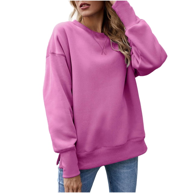 IROINID T-Shirt à Manches Longues en Polyester Réduit pour Femmes Chemises en Coton pour Femmes Quotidien Nouveau Bas Fendu en Molleton Col Rond Chandail avec Peluche et Chandail Épaissi, Rose Vif