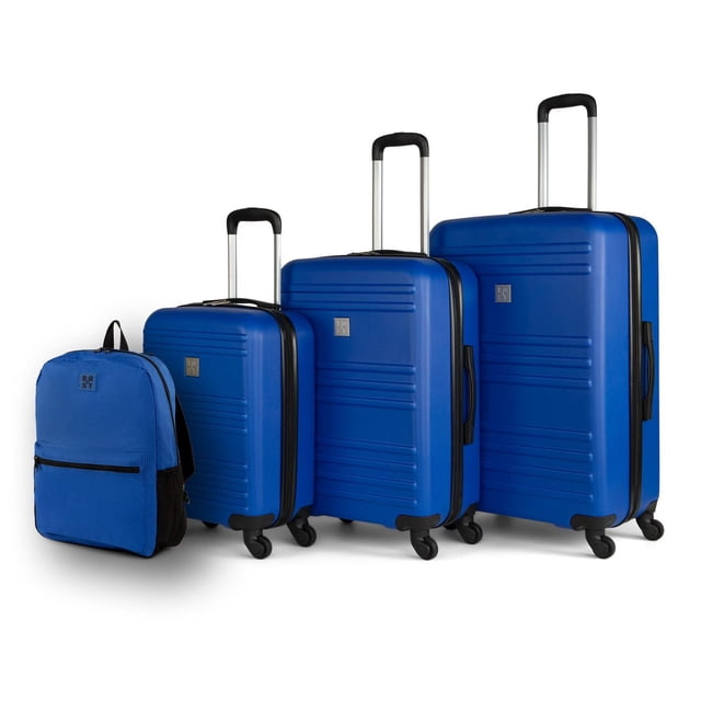 Bondstreet - 4 pcs set : 3 pcs set ABS/PC blend luggage & Polyester Backpack in blue, featuring three hard-shell suitcases with single 360-degree spinner wheels, telescopic trolley handles, and reinforced side handles, plus a matching blue polyester backpack with front zippered pocket and padded laptop compartment, all displayed on a white background.