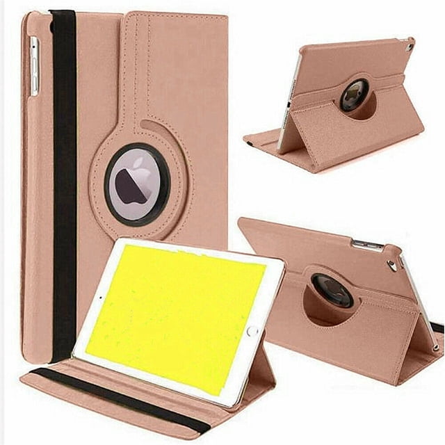 PST iPad 10.2" 7th 8th 9th Gen. Rotation Case, a 360-degree rotating PU leather stand designed for Apple tablets. The case in soft pink offers shockproof protection with a hard back, a microfiber-lined front cover to prevent scratches, and an elastic band for secure closure. Perfect cutouts ensure easy access to all ports, jacks, and the camera without removing the case. Ideal for use as a tablet case and Apple iPad accessory, displayed in multiple angles to highlight its functionality.