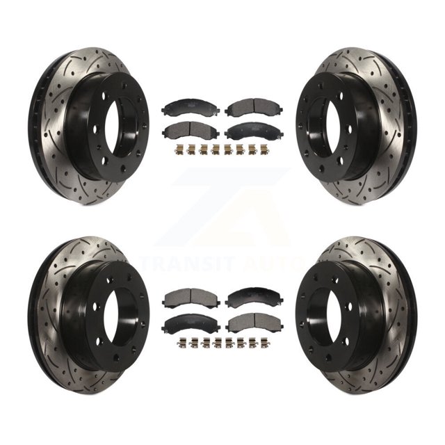 Transit Auto Front Rear Coated Drilled Slotted Disc Brake Rotors and Ceramic Pads Kit for Car 2021-2024 GMC Savana 2500 Chevrolet Express with Dual Wheels KDT-101351