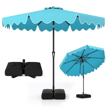Costway Parasol de Patio 9 Pi avec Sacs de Sable à Base Lestée, Inclinaison à Bouton-Poussoir, Manivelle, Nervures Robustes, Turquoise