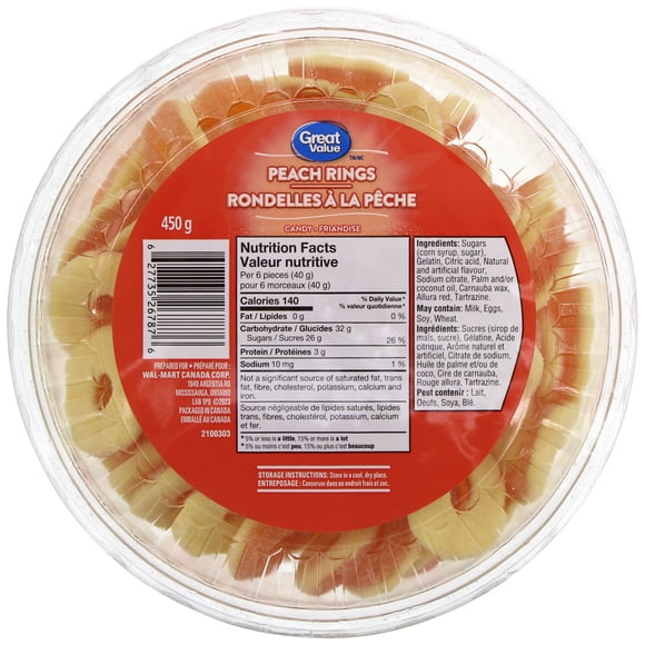 Pot de rondelles de pêche Great Value 450 g