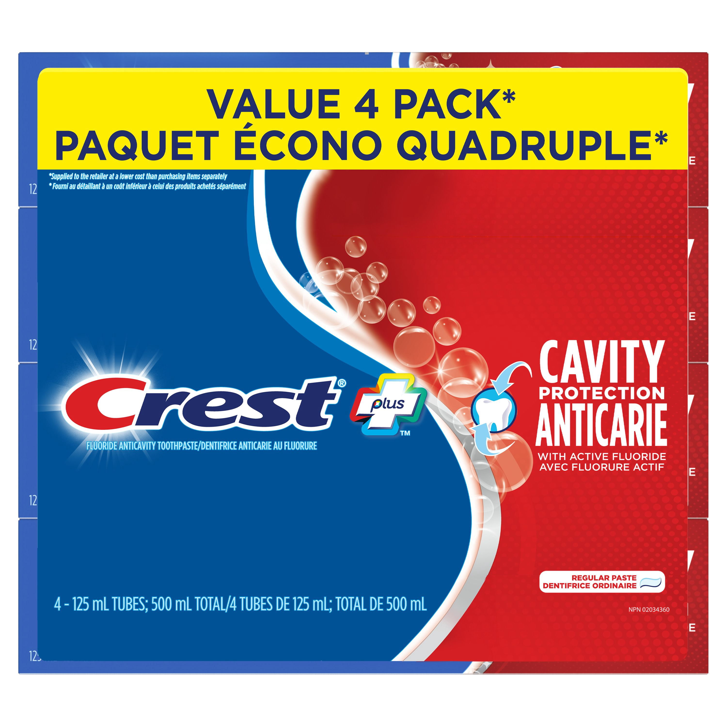 Crest Plus Dentifrice Protection Anticarie, Dentifrice Ordinaire, 4 x125ml