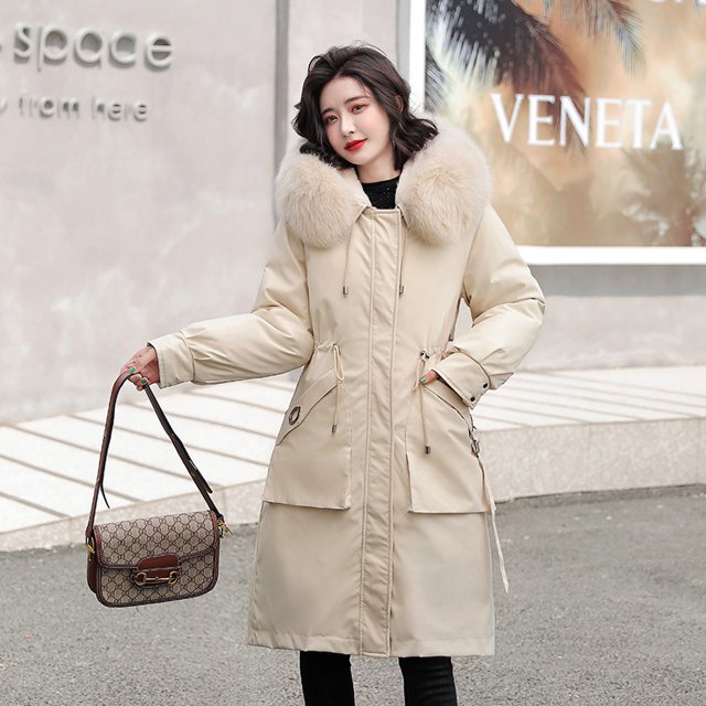 Ladies long down cotton winter warm jacket coat with detachable plush lining