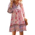 thumbnail image 4 of Babysbule Robes d'Été pour Femmes Liquidation Mode pour Femmes Bohème Col en V Ample Manches 3/4 Imprimé Robe Courte, 4 of 9