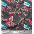 thumbnail image 1 of Soimoi Gray polyester Crepe Fabric Red Berries & Bulbul Bird Print Sewing Fabric Yard 42 Inch Wide, 1 of 3
