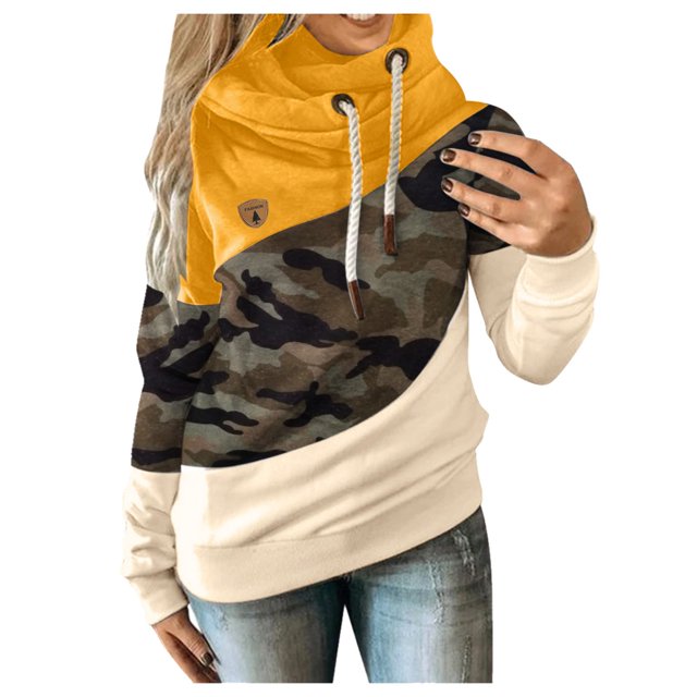 Pxiakgy Sweat à Capuche Long Manches Décontracté Contraste Camouflage pour Femmes Jaune TG