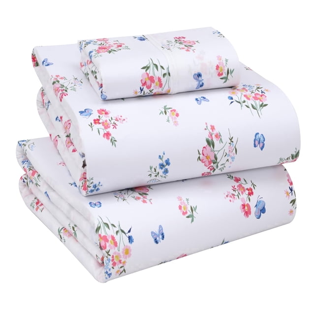 RUVANTI Draps 100 % Coton – Parure de Lit en Percale pour Lit Simple, Motif Floral Rafraîchissant et Respirant, Résistants et d'Une Douceur Incomparable, Bonnet de 40 cm, Ensemble 3 Pcs, Funa Flora