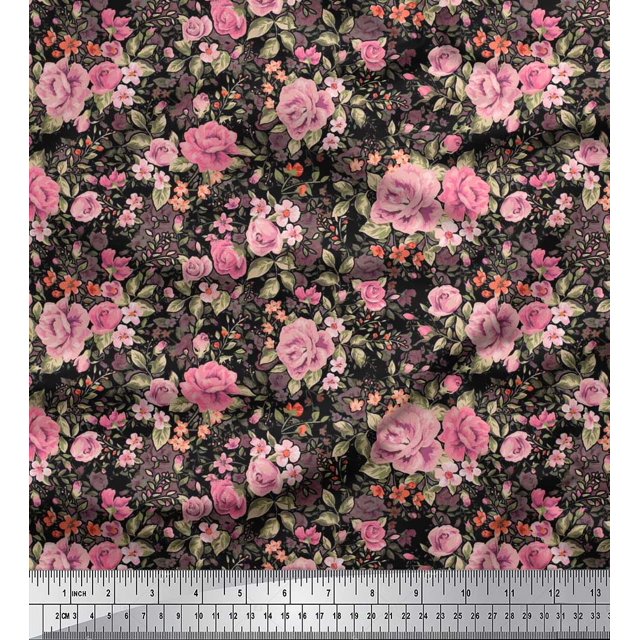 Soimoi Tissu en Voile de Coton Feuilles & Roses Imprimé Floral 1 Yard 56 Pouces de Large