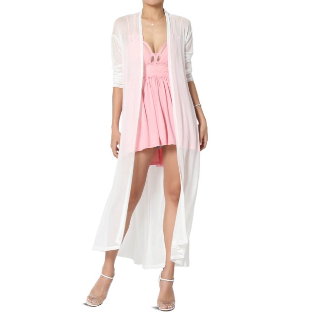 TheMogan Cardigan Ouvert à Manches Longues en Maille pour Femmes Mi-Mollet Caftan Transparent