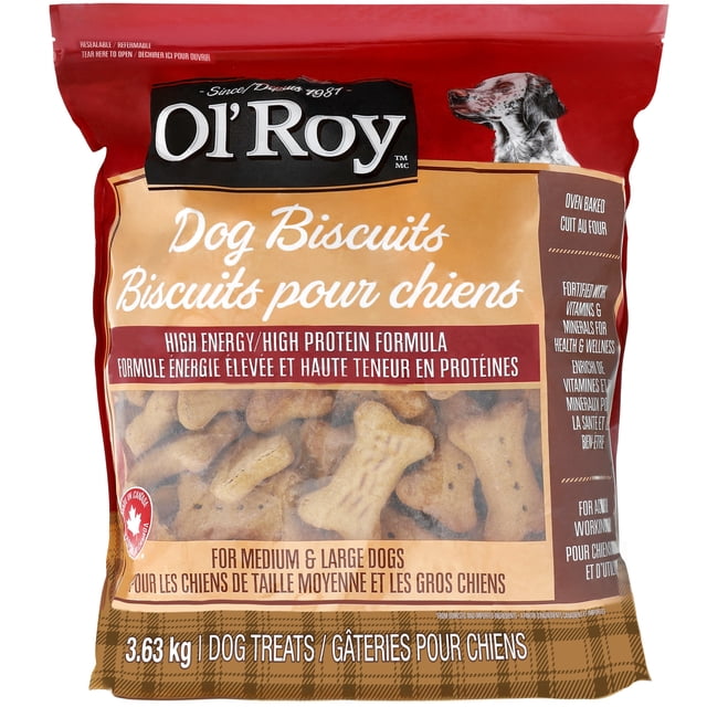 Ol'Roy Dog Biscuits for ACTIVE Or Working Dogs in a 3.63 kg resealable bag containing bone-shaped crunchy treats made with lean chicken and fortified with vitamins and minerals, designed for medium and large dogs to support high protein and energy needs.