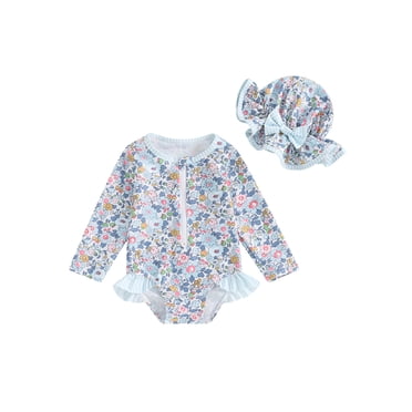 Wangsaura Baby Girl Rash Guard Swimsuit Long Sleeve Floral Print Bathing Suit Infant Swimwear with Bowknot Sun Hat