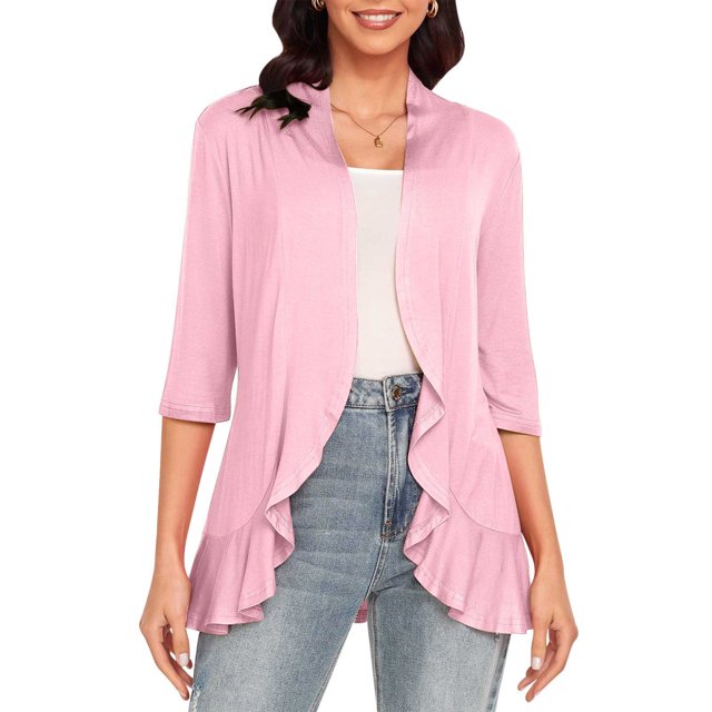 Hauts à Manches 3/4 pour Femmes Mode Décontractée Confortable Cardigan Couleur Unie Blouse Cardigan à Manches 3/4 pour Femmes Blouses et Hauts Mode Hauts pour Femmes Manches 3/4