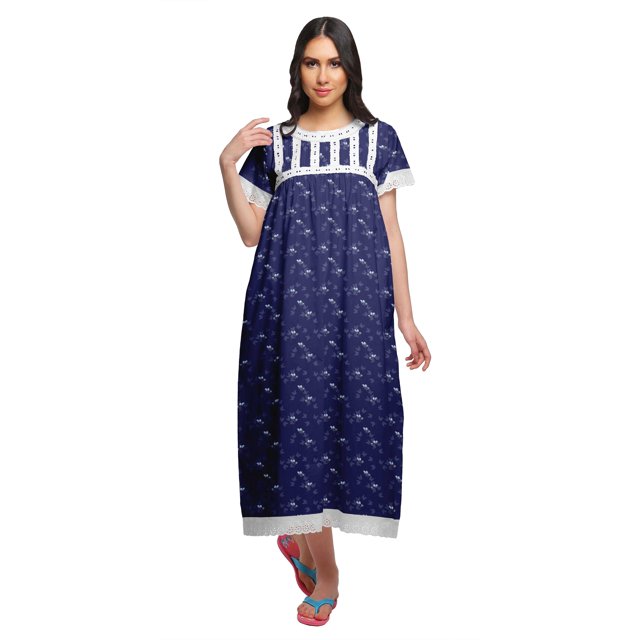Moomaya Chemise de Nuit Maxi Boutonnée à Manches Courtes Imprimée pour Femmes en Coton