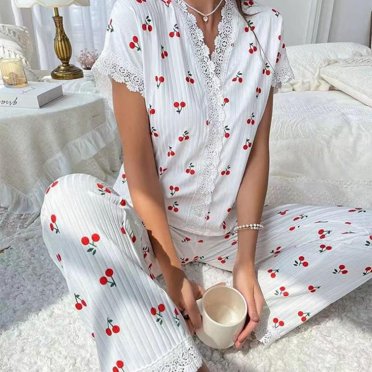 Ensemble de Pyjama en Dentelle pour Femmes Manches Courtes Bouton avant Haut & Pantalon Long Imprimé Cerise 2 Pcs Vêtements de Nuit Vêtements de Maison