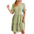 thumbnail image 1 of Besolor Womens Summer Dress V Neck Short Sleeve Button Knee Length Dress Loose Flowy Ruffle Boho Sundresses, 1 of 7