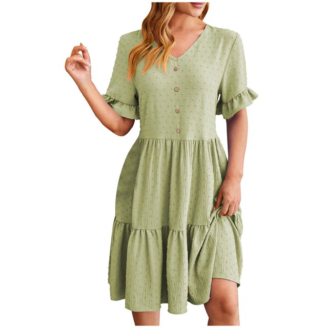 Besolor Womens Summer Dress V Neck Short Sleeve Button Knee Length Dress Loose Flowy Ruffle Boho Sundresses
