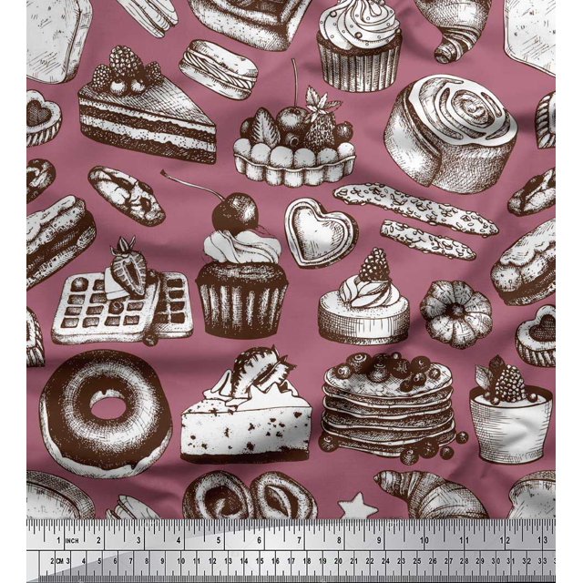 Soimoi polyester Crepe Fabric Cupcake,Donut & Cookies Food Decor Fabric Printed Yard 52 Inch Wide