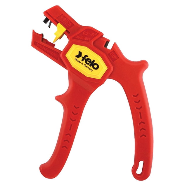 Automatic Wire Stripping Tool 0.2 -6.0 mm2 by Felo with red ergonomic handles and yellow adjustment dial, designed for stripping and cutting wires from 0.2 to 6.0 mm2 (24-10 AWG), made in Germany, suitable for electrical hand tool use in home improvement.