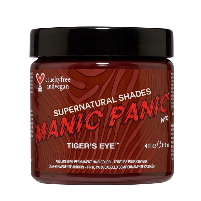 Manic Panic Tigers Eye semi-permanent hair color cream in a 4 fl. oz. jar with black lid, featuring red and brown tiger stripe label, cruelty-free and vegan, designed for auburn hair with gradual fading after shampooing.