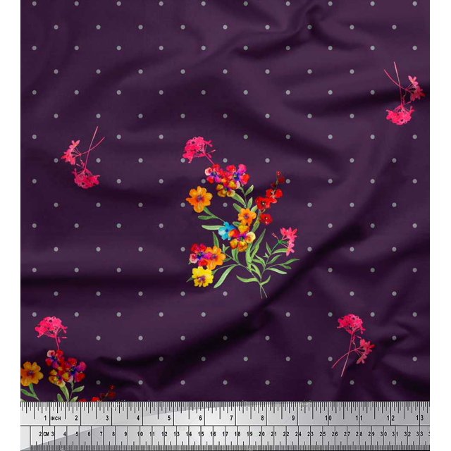 Soimoi Polyester Crepe Fabric Dot,Leaves & Periwinkle Floral Fabric Prints by Yard 42 Inch Wide