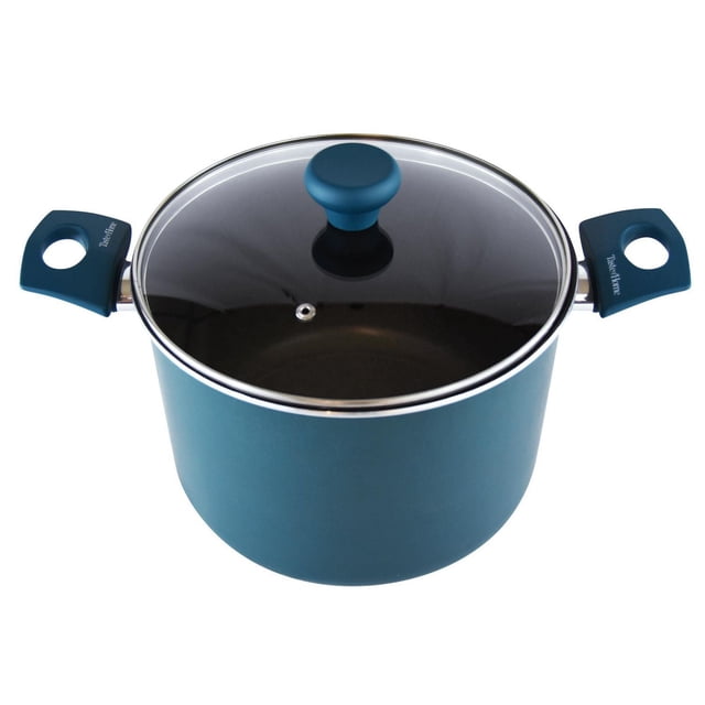 Taste of Home TC155A 8 Quart Nonstick Stock Pot with Lid in sea green, forged aluminum construction with three-layer nonstick coating, soft-touch handles, and tempered glass lid with stainless steel rim and steam vent, suitable for all cooktops except induction, shown from a centered top-front angle on white background.