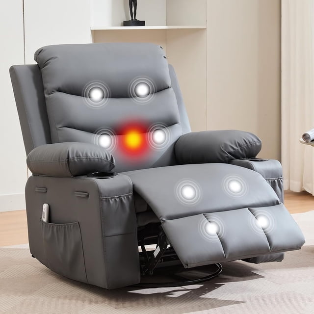 Bingirl Swivel Rocker Recliner Chair with Massage and Heat, 360° Oversized Recliner Single Sofa Seat,Lazy Boy Reclining Sofa with Side Pockets, Front Pockets and Cup Holder