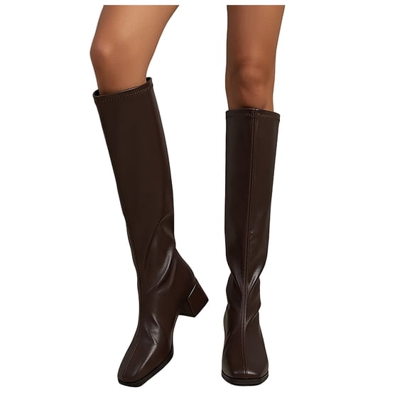 Dakaela Knee High Boots for Women Square Toe Chunky Heel Fall Long Tall Boots Leather Zipper Fashion Winter Dress Boot Brown 9