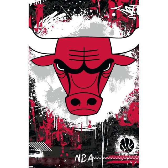 NBA Chicago Bulls - Affiche Murale Logo Maximaliste 23 Mettant en Vedette une Tête de Taureau Rouge Centrée avec des Cornes Blanches et des Contours Noirs sur un Fond de Style Graffiti avec des Éclaboussures de Peinture Rouges, Noires, Blanches et Grises, Incluant le Texte « NBA » et un Graphique de basketball au Bas, Imprimée sur du Papier d'Affiche Lustré, Convenant à une Déco Murale à Thème Sportif.