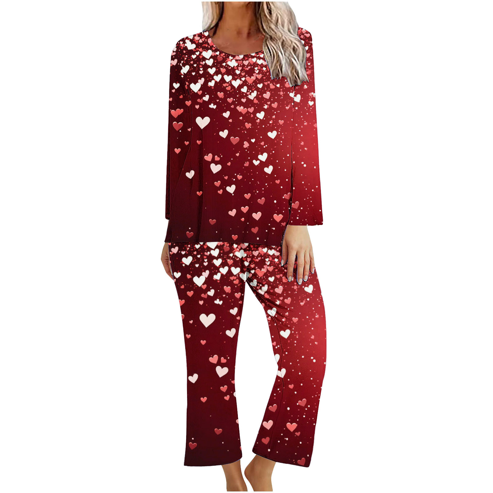TIMIFIS Pyjama Grande Taille pour Femmes Ensemble Valentines Day Détente Mignon Imprimé Cœur Col Rond Manches Longues avec Pantalon Ensembles de Pjs Ensembles de Pyjamas pour Dames